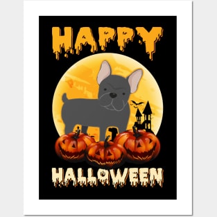 French Bulldog Dog Scary Pumpkin Moon Halloween Posters and Art